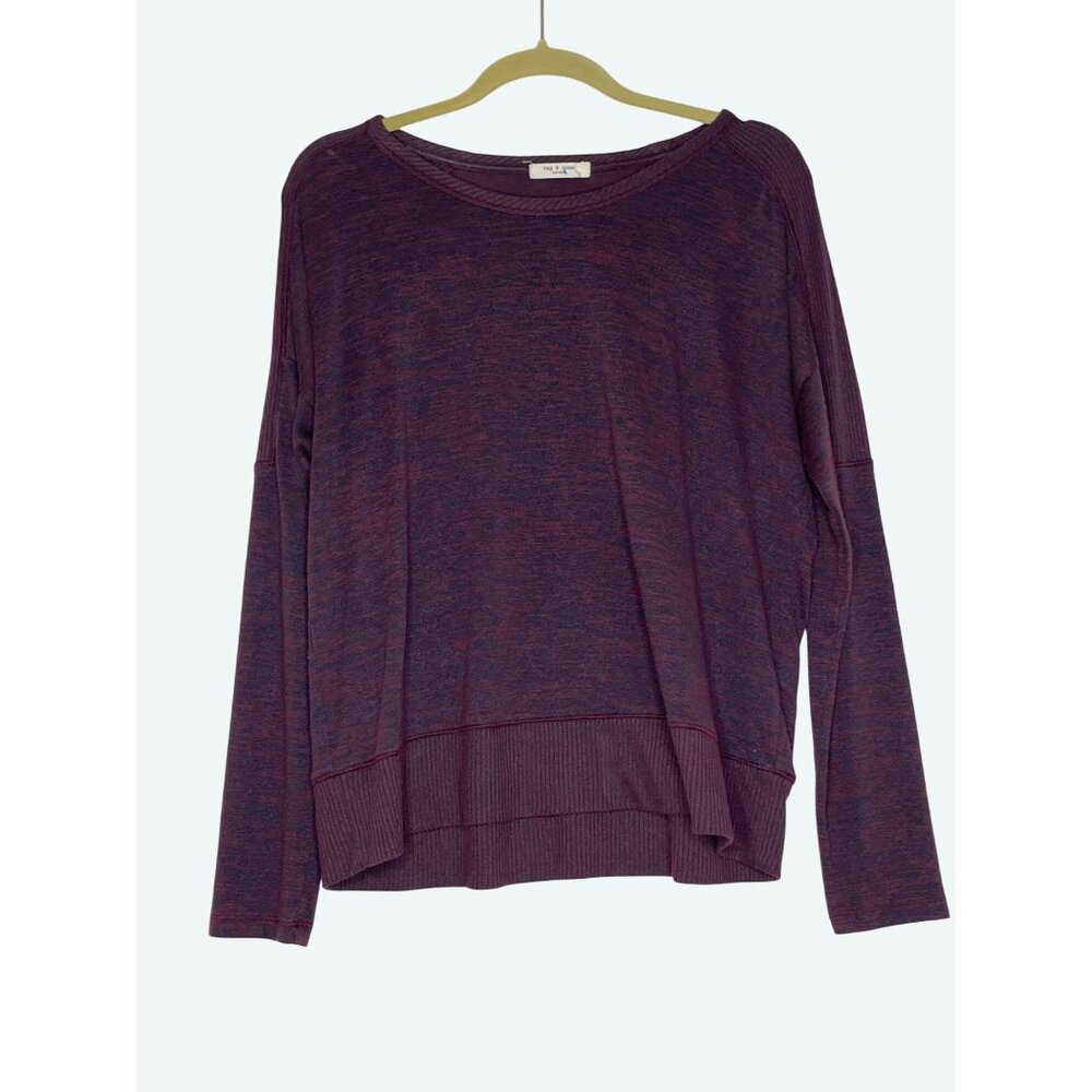 Rag & Bone Ribbed Shoulder Hem Round Neck Long Sleeve Shirt Maroon Black Medium